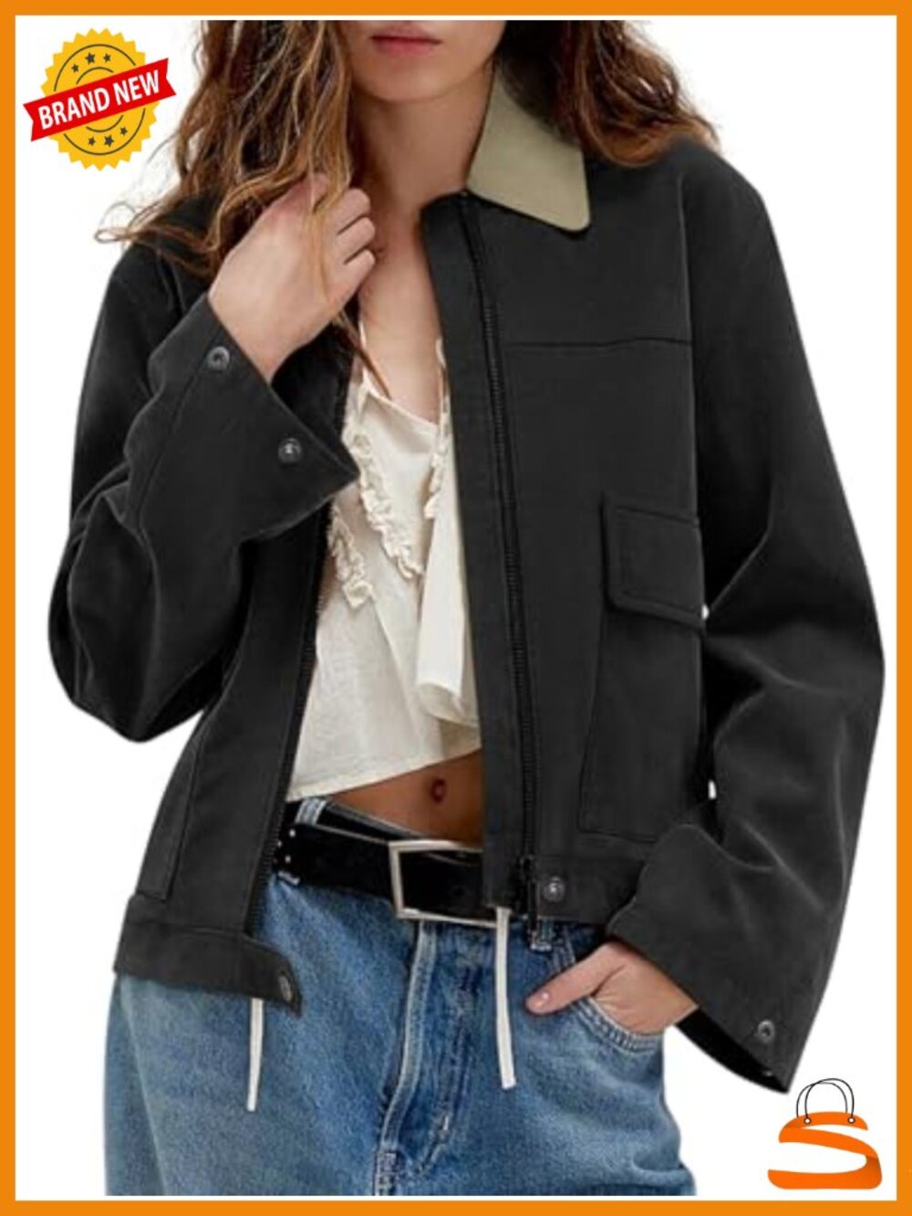 Faux Suede Cropped Zip Up Jacket Contrast Collar Fleece Lined Winter Coat